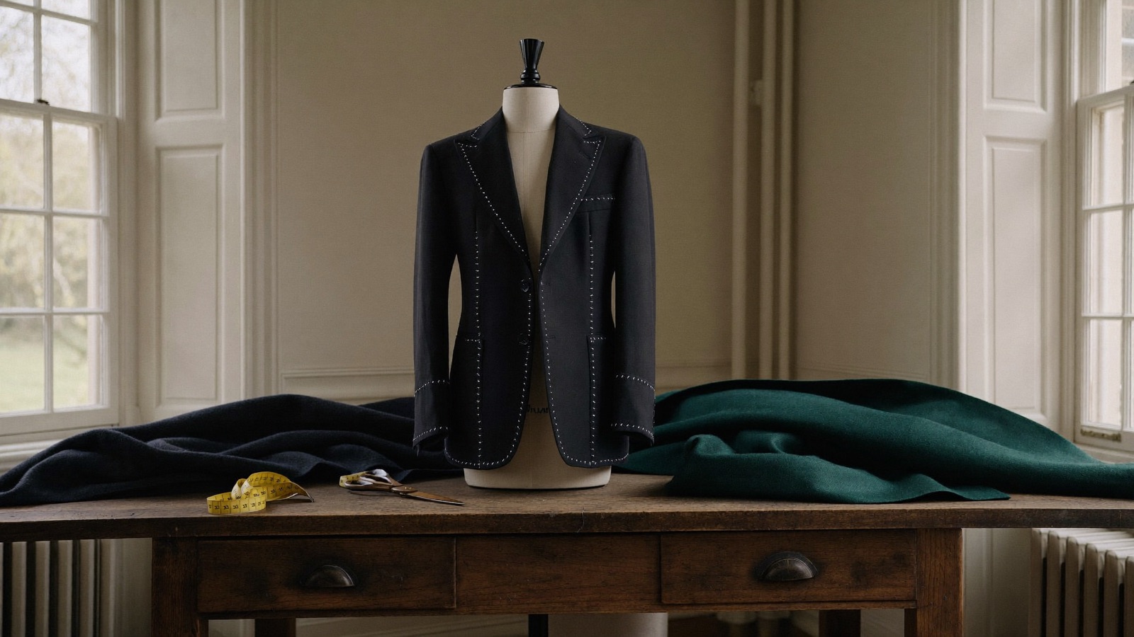 A basted suit jacket pinned on a tailor's form in the atelier, lit by soft window light